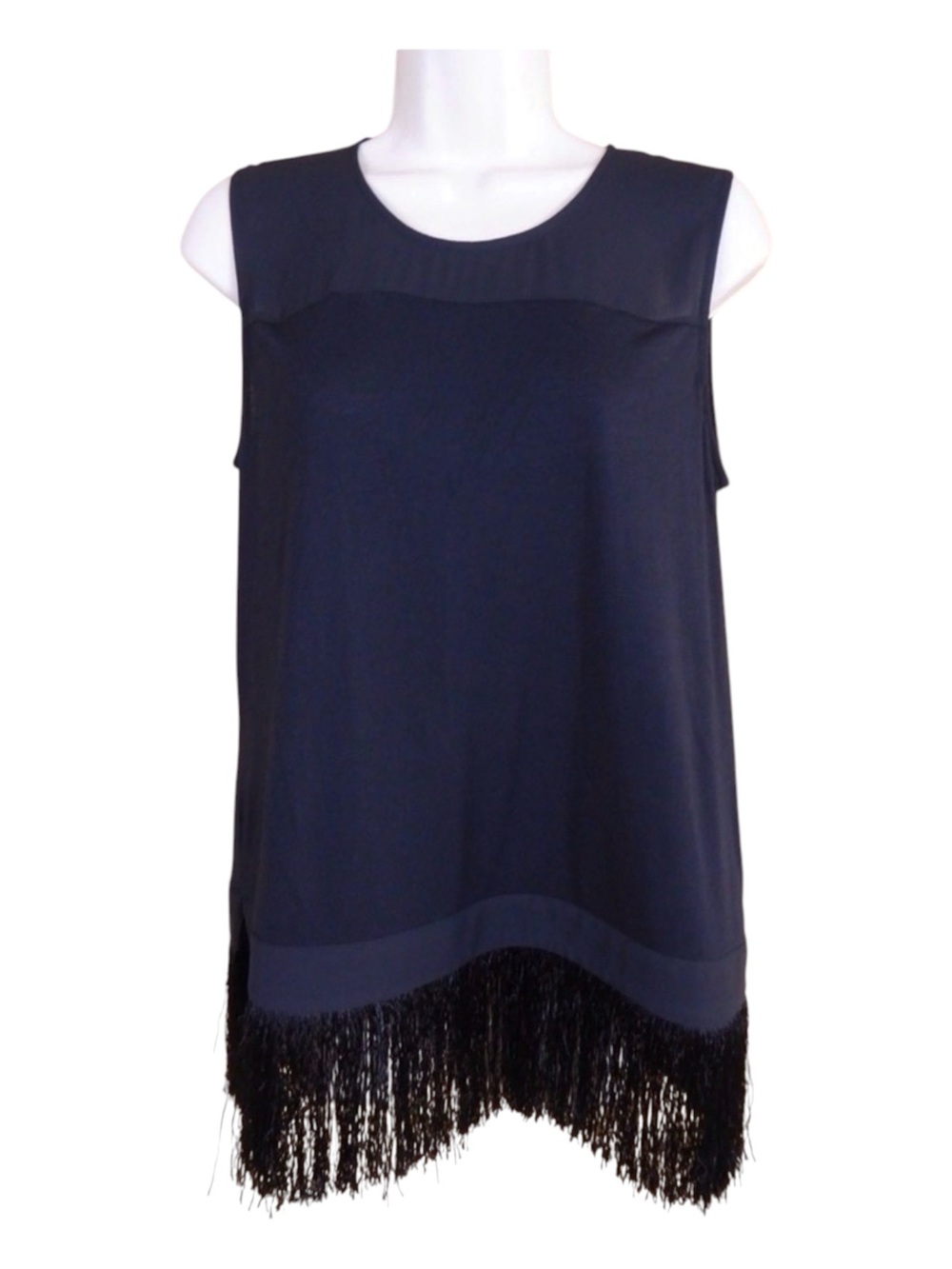 J.Crew Navy Blue Mixed Media Fringe Sleeveless Top Shell Size L Neutral Boho